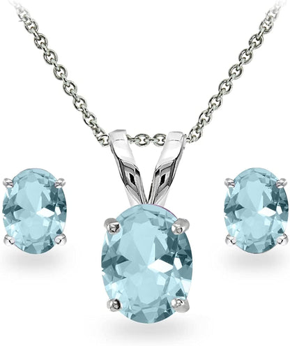 Sterling Silver Genuine, Created or Simulated Gemstone Oval Solitaire Necklace & Stud Earrings Jewelry Set for Women Girls Bridesmaids Simulated Aquamarine