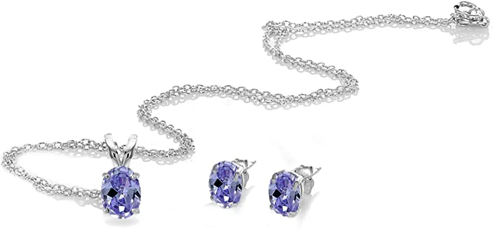 Sterling Silver Genuine, Created or Simulated Gemstone Oval Solitaire Necklace & Stud Earrings Jewelry Set for Women Girls Bridesmaids