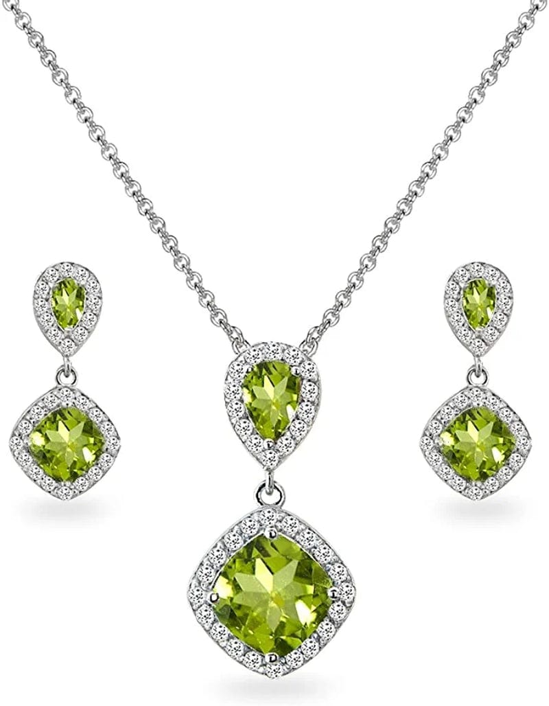 Sterling Silver Genuine, Created or Simulated Gemstone & White Topaz Dangle Earrings & Necklace Set Peridot