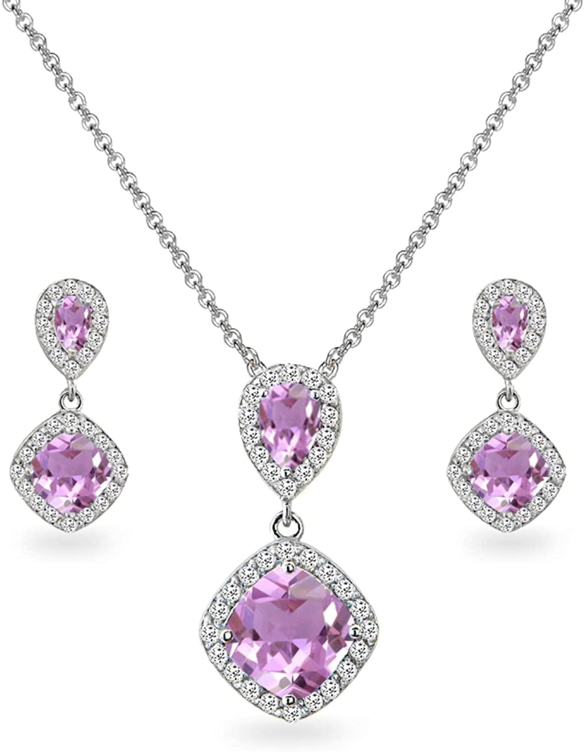Sterling Silver Genuine, Created or Simulated Gemstone & White Topaz Dangle Earrings & Necklace Set Simulated Kunzite