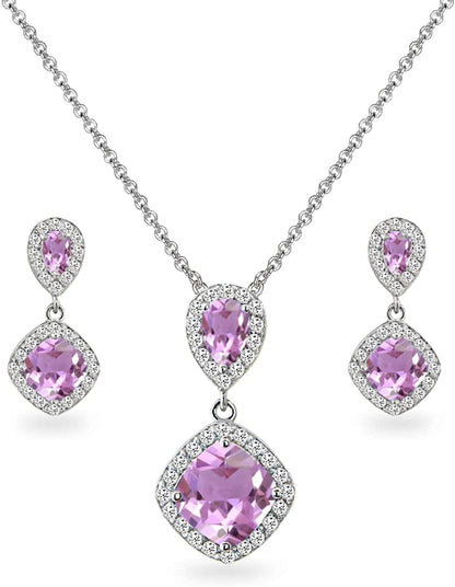 Sterling Silver Genuine, Created or Simulated Gemstone & White Topaz Dangle Earrings & Necklace Set Simulated Kunzite