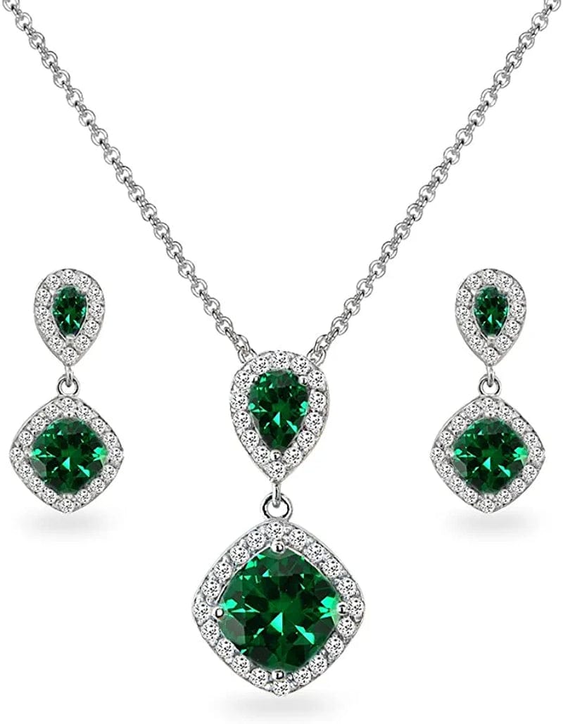 Sterling Silver Genuine, Created or Simulated Gemstone & White Topaz Dangle Earrings & Necklace Set Simulated Emerald