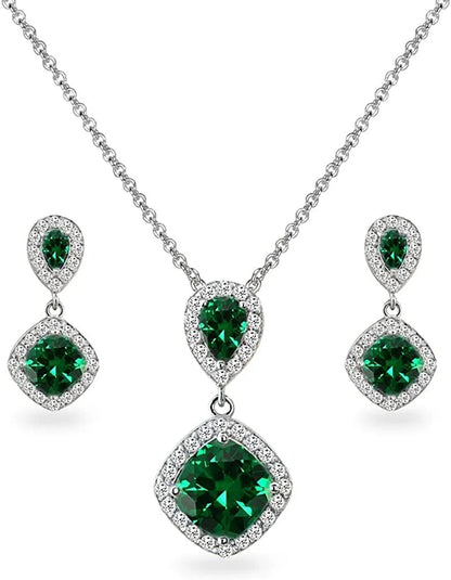 Sterling Silver Genuine, Created or Simulated Gemstone & White Topaz Dangle Earrings & Necklace Set Simulated Emerald