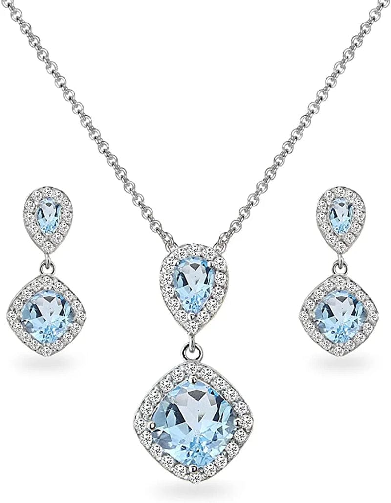 Sterling Silver Genuine, Created or Simulated Gemstone & White Topaz Dangle Earrings & Necklace Set Blue Topaz