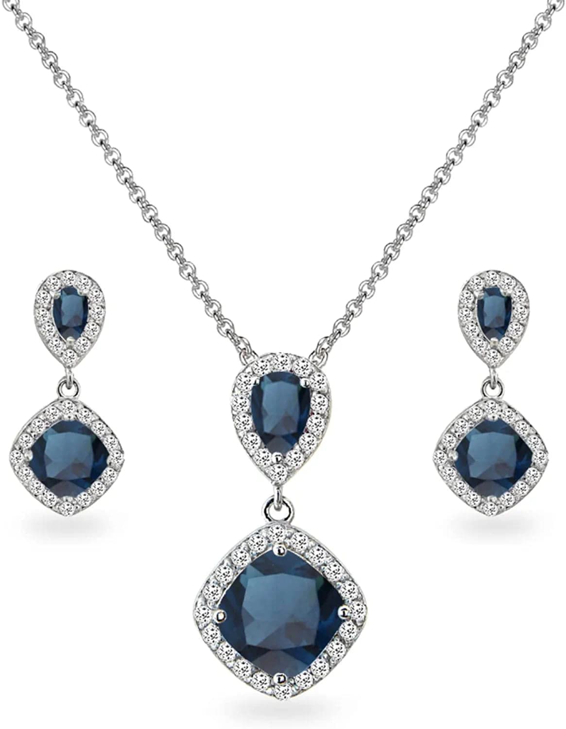 Sterling Silver Genuine, Created or Simulated Gemstone & White Topaz Dangle Earrings & Necklace Set Simulated London-BlueTopaz