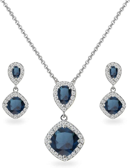 Sterling Silver Genuine, Created or Simulated Gemstone & White Topaz Dangle Earrings & Necklace Set Simulated London-BlueTopaz