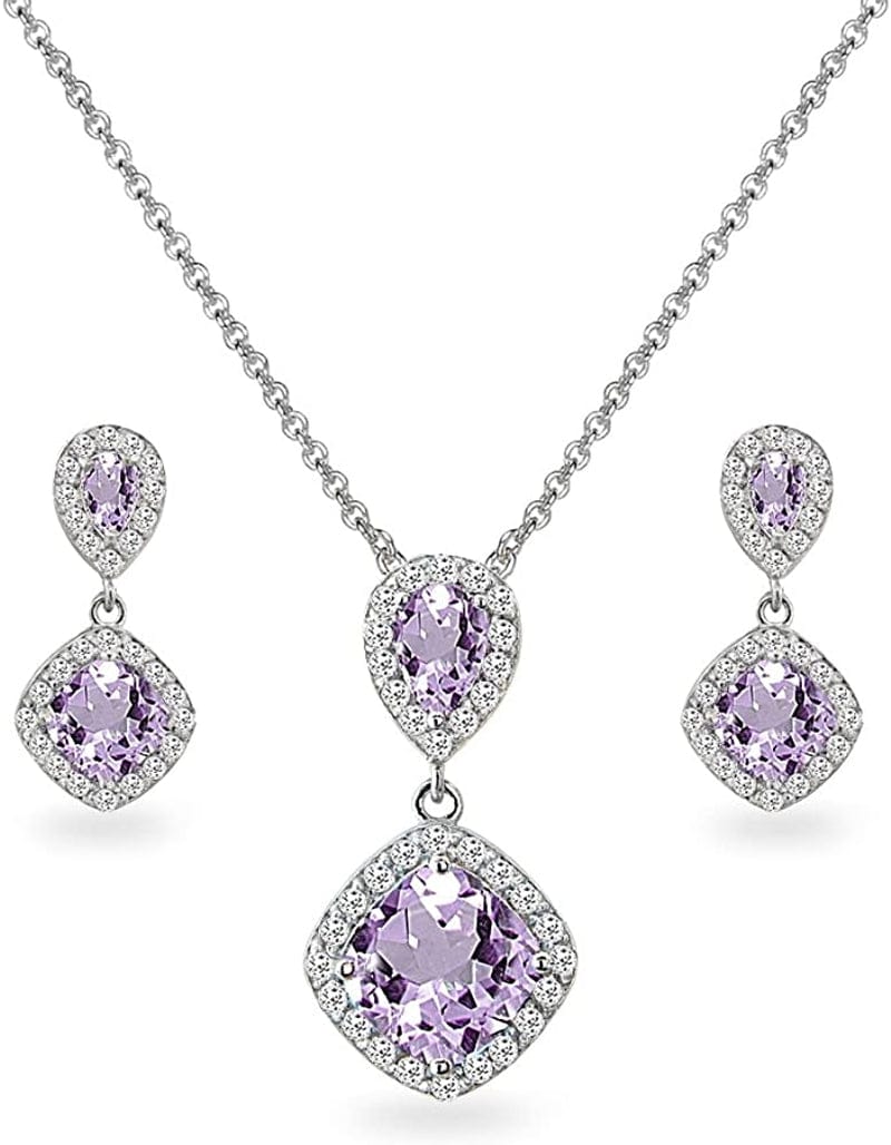 Sterling Silver Genuine, Created or Simulated Gemstone & White Topaz Dangle Earrings & Necklace Set Amethyst