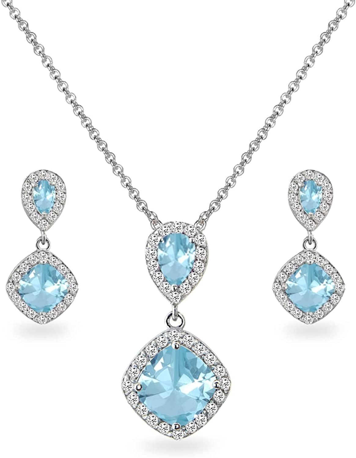 Sterling Silver Genuine, Created or Simulated Gemstone & White Topaz Dangle Earrings & Necklace Set Simulated Aquamarine