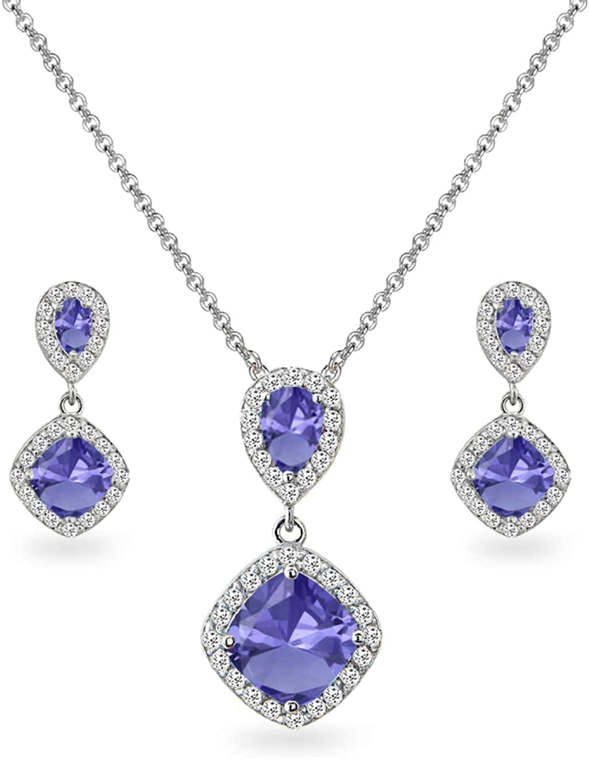 Sterling Silver Genuine, Created or Simulated Gemstone & White Topaz Dangle Earrings & Necklace Set Simulated Tanzanite