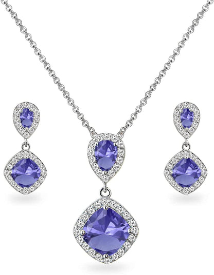 Sterling Silver Genuine, Created or Simulated Gemstone & White Topaz Dangle Earrings & Necklace Set Simulated Tanzanite