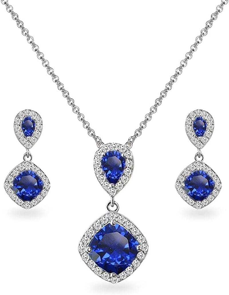 Sterling Silver Genuine, Created or Simulated Gemstone & White Topaz Dangle Earrings & Necklace Set Created Blue Sapphire
