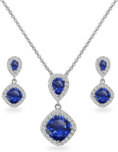 Sterling Silver Genuine, Created or Simulated Gemstone & White Topaz Dangle Earrings & Necklace Set Created Blue Sapphire