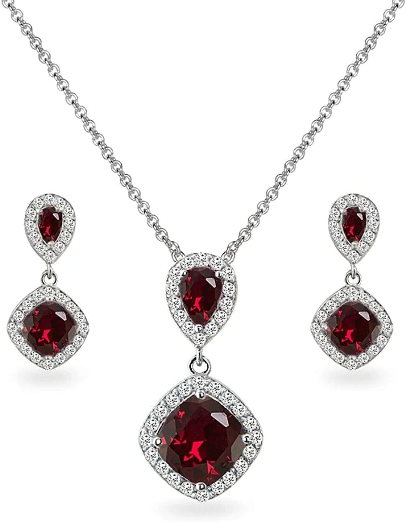 Sterling Silver Genuine, Created or Simulated Gemstone & White Topaz Dangle Earrings & Necklace Set Synthetic Ruby