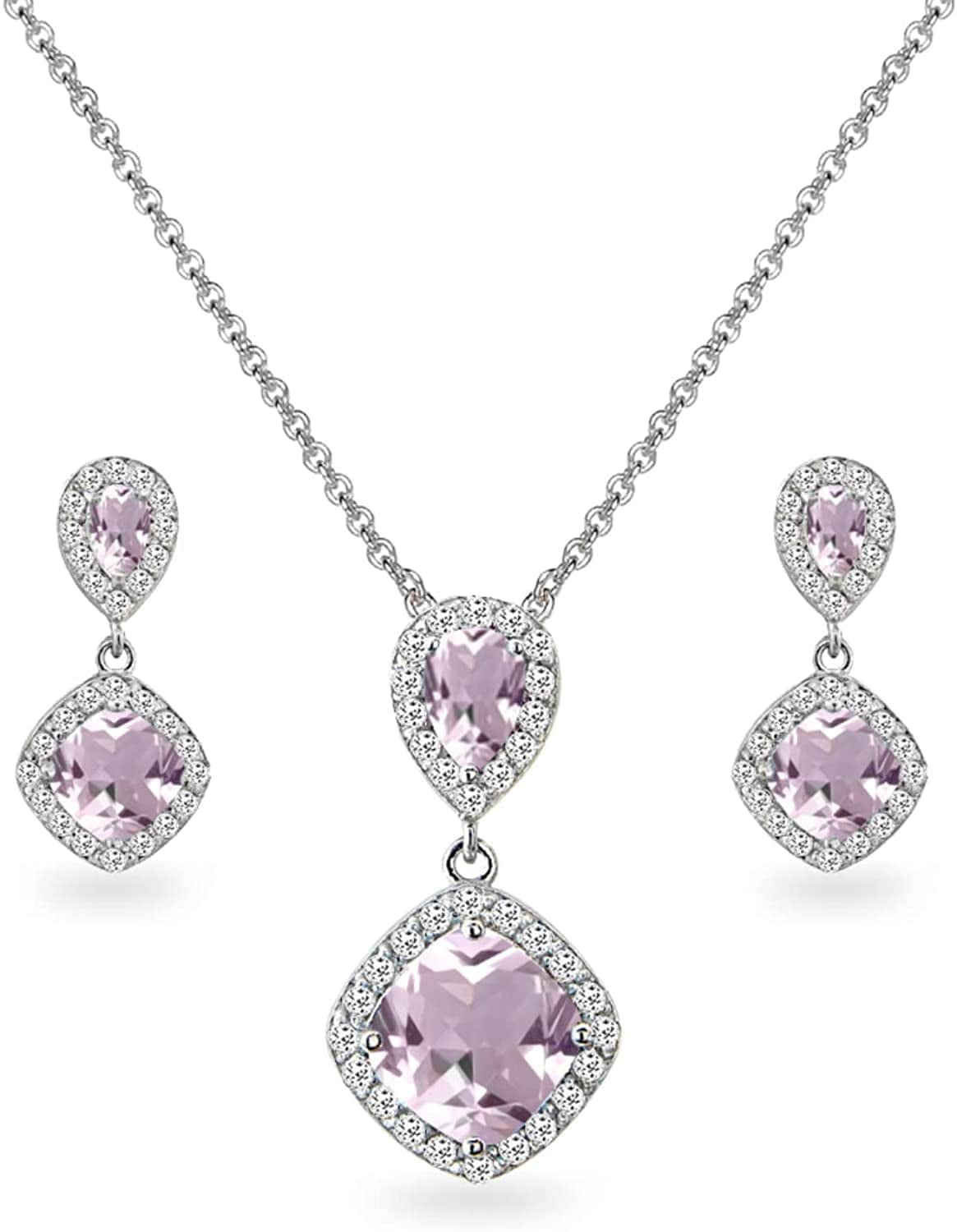 Sterling Silver Genuine, Created or Simulated Gemstone & White Topaz Dangle Earrings & Necklace Set Simulated Morganite