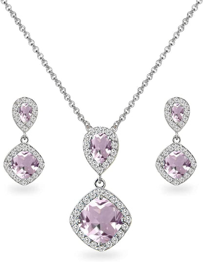 Sterling Silver Genuine, Created or Simulated Gemstone & White Topaz Dangle Earrings & Necklace Set Simulated Morganite