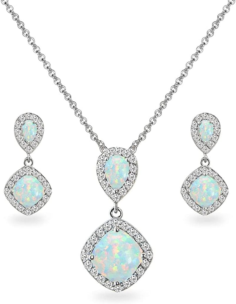 Sterling Silver Genuine, Created or Simulated Gemstone & White Topaz Dangle Earrings & Necklace Set Synthetic Opal