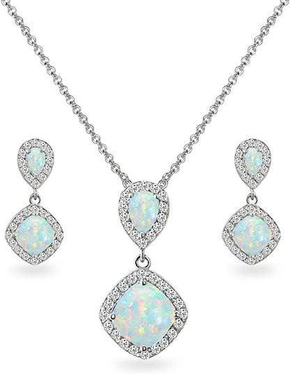 Sterling Silver Genuine, Created or Simulated Gemstone & White Topaz Dangle Earrings & Necklace Set Synthetic Opal