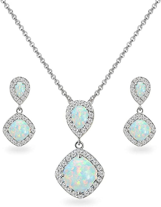 Sterling Silver Genuine, Created or Simulated Gemstone & White Topaz Dangle Earrings & Necklace Set Synthetic Opal