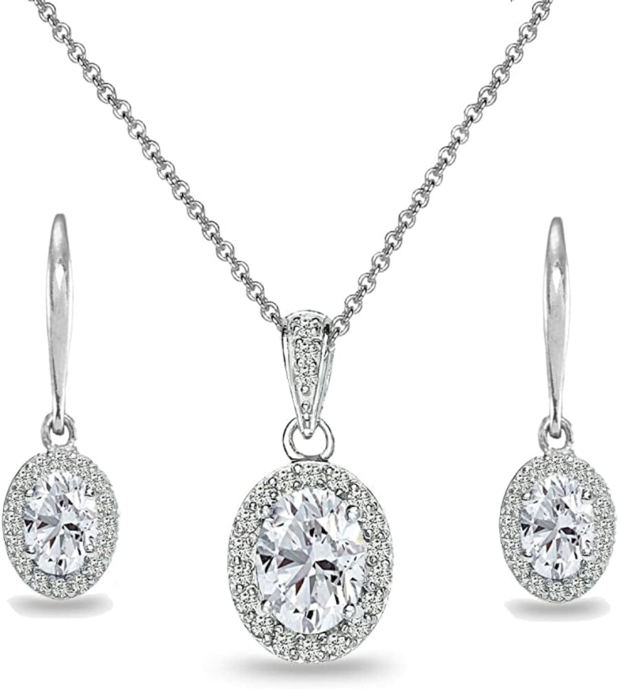 Sterling Silver Genuine, Created or Simulated Ovalgemstone Halo Dangle Earrings & Necklace Jewelry Set for Women Girls Bridemaids with Gift Box Synthetic White Sapphire