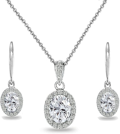 Sterling Silver Genuine, Created or Simulated Ovalgemstone Halo Dangle Earrings & Necklace Jewelry Set for Women Girls Bridemaids with Gift Box Synthetic White Sapphire