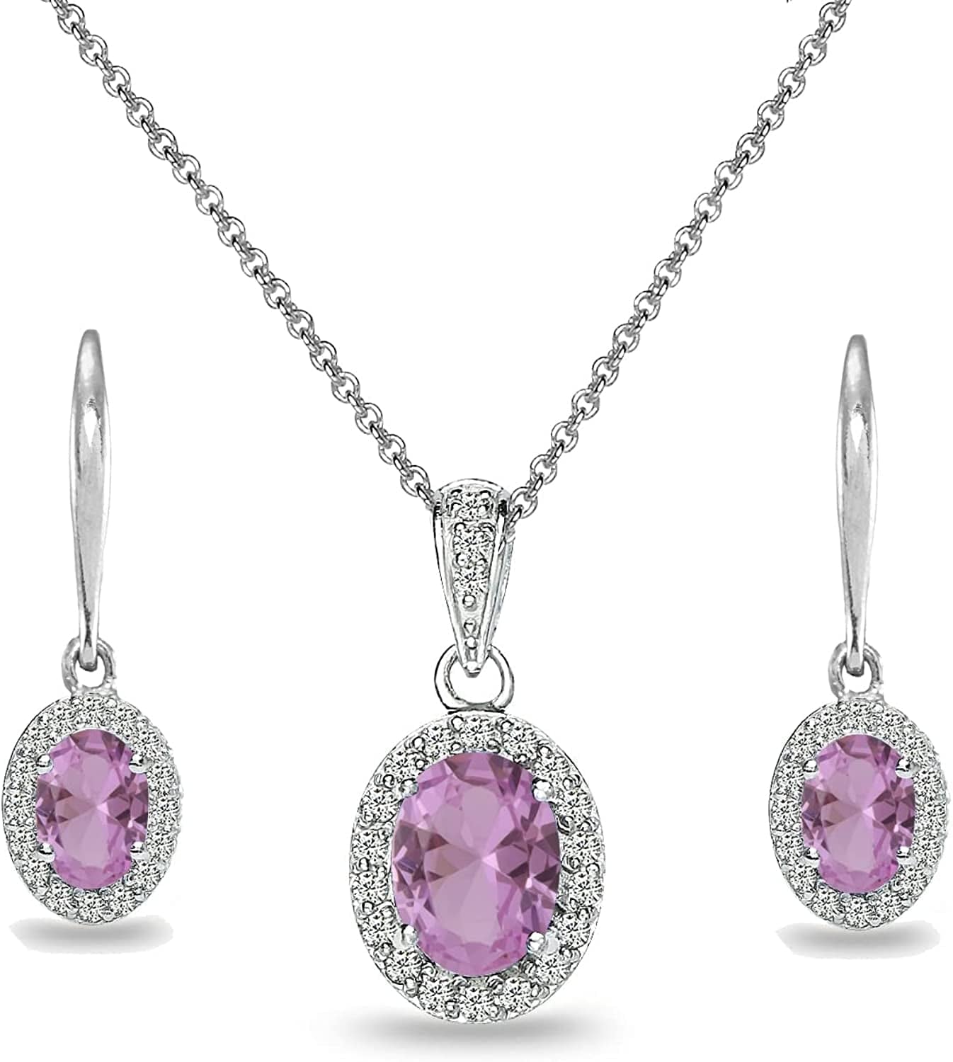 Sterling Silver Genuine, Created or Simulated Ovalgemstone Halo Dangle Earrings & Necklace Jewelry Set for Women Girls Bridemaids with Gift Box Simulated Kunzite