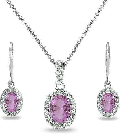 Sterling Silver Genuine, Created or Simulated Ovalgemstone Halo Dangle Earrings & Necklace Jewelry Set for Women Girls Bridemaids with Gift Box Simulated Kunzite