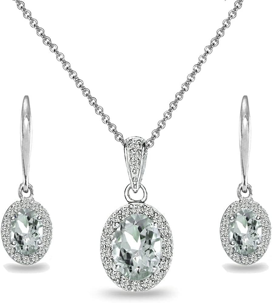 Sterling Silver Genuine, Created or Simulated Ovalgemstone Halo Dangle Earrings & Necklace Jewelry Set for Women Girls Bridemaids with Gift Box Light Aquamarine