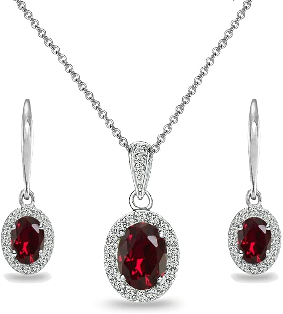 Sterling Silver Genuine, Created or Simulated Ovalgemstone Halo Dangle Earrings & Necklace Jewelry Set for Women Girls Bridemaids with Gift Box Synthetic Ruby