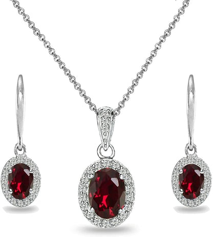Sterling Silver Genuine, Created or Simulated Ovalgemstone Halo Dangle Earrings & Necklace Jewelry Set for Women Girls Bridemaids with Gift Box Synthetic Ruby