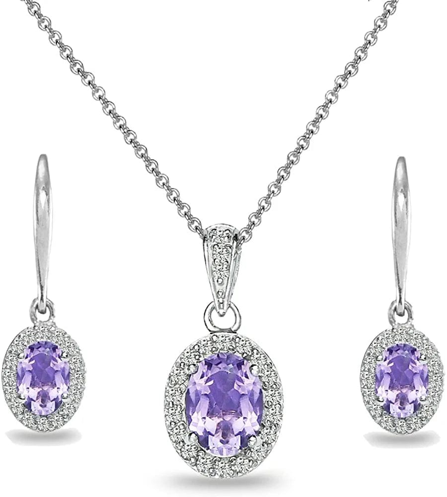 Sterling Silver Genuine, Created or Simulated Ovalgemstone Halo Dangle Earrings & Necklace Jewelry Set for Women Girls Bridemaids with Gift Box Amethyst