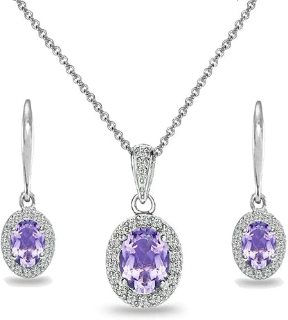 Sterling Silver Genuine, Created or Simulated Ovalgemstone Halo Dangle Earrings & Necklace Jewelry Set for Women Girls Bridemaids with Gift Box Amethyst