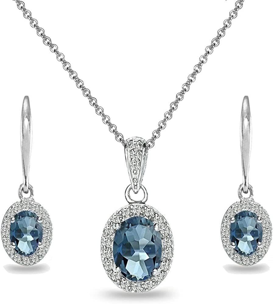 Sterling Silver Genuine, Created or Simulated Ovalgemstone Halo Dangle Earrings & Necklace Jewelry Set for Women Girls Bridemaids with Gift Box London Blue Topaz