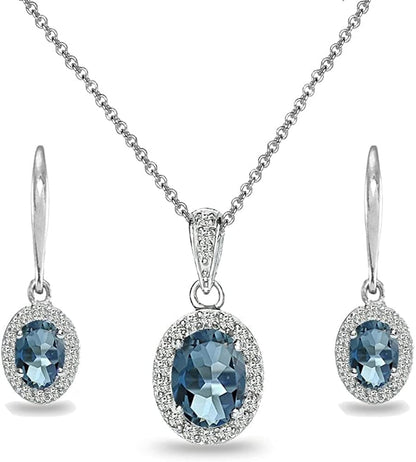 Sterling Silver Genuine, Created or Simulated Ovalgemstone Halo Dangle Earrings & Necklace Jewelry Set for Women Girls Bridemaids with Gift Box London Blue Topaz