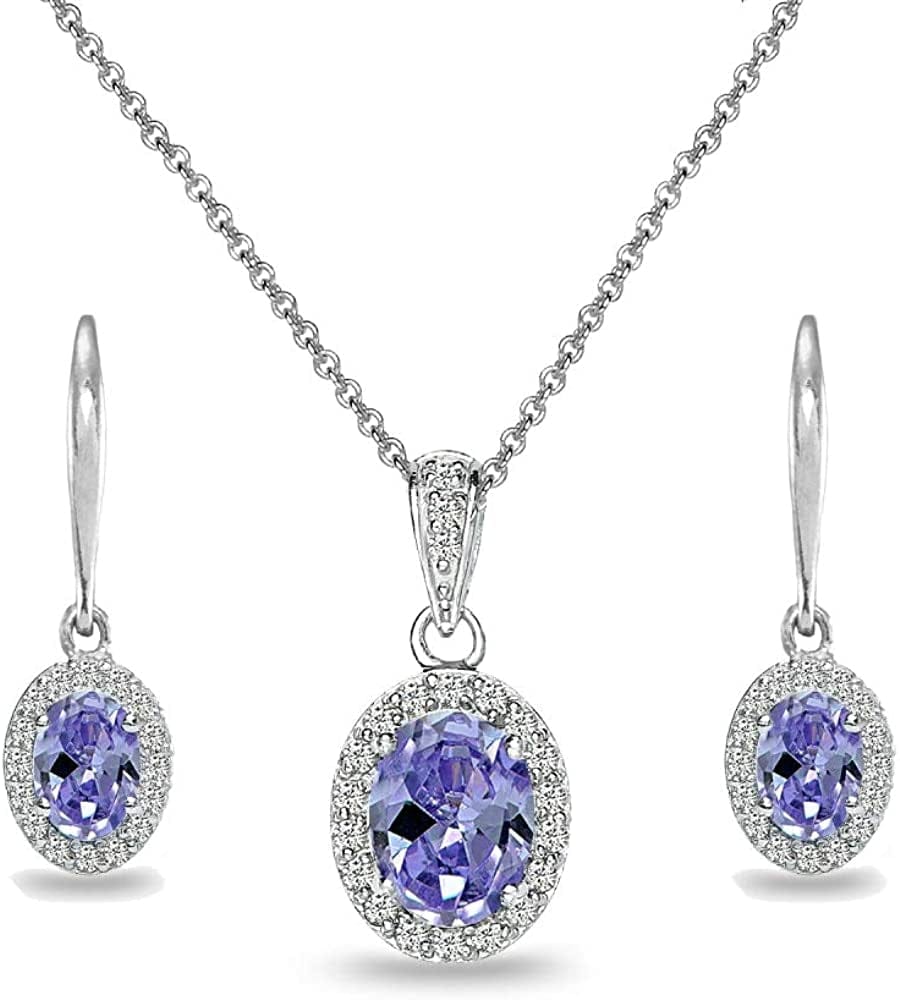 Sterling Silver Genuine, Created or Simulated Ovalgemstone Halo Dangle Earrings & Necklace Jewelry Set for Women Girls Bridemaids with Gift Box Simulated Tanzanite