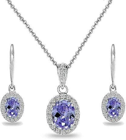 Sterling Silver Genuine, Created or Simulated Ovalgemstone Halo Dangle Earrings & Necklace Jewelry Set for Women Girls Bridemaids with Gift Box Simulated Tanzanite