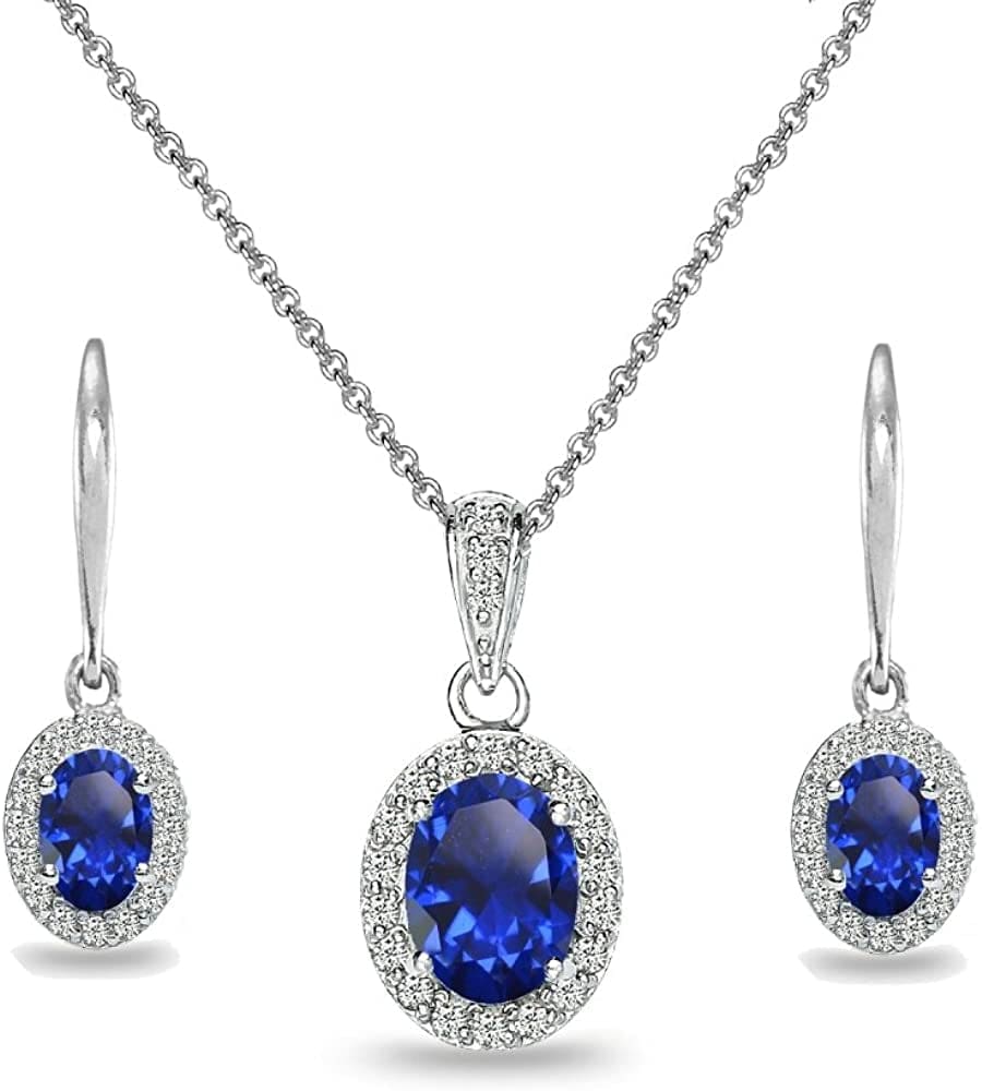 Sterling Silver Genuine, Created or Simulated Ovalgemstone Halo Dangle Earrings & Necklace Jewelry Set for Women Girls Bridemaids with Gift Box Created Blue Sapphire