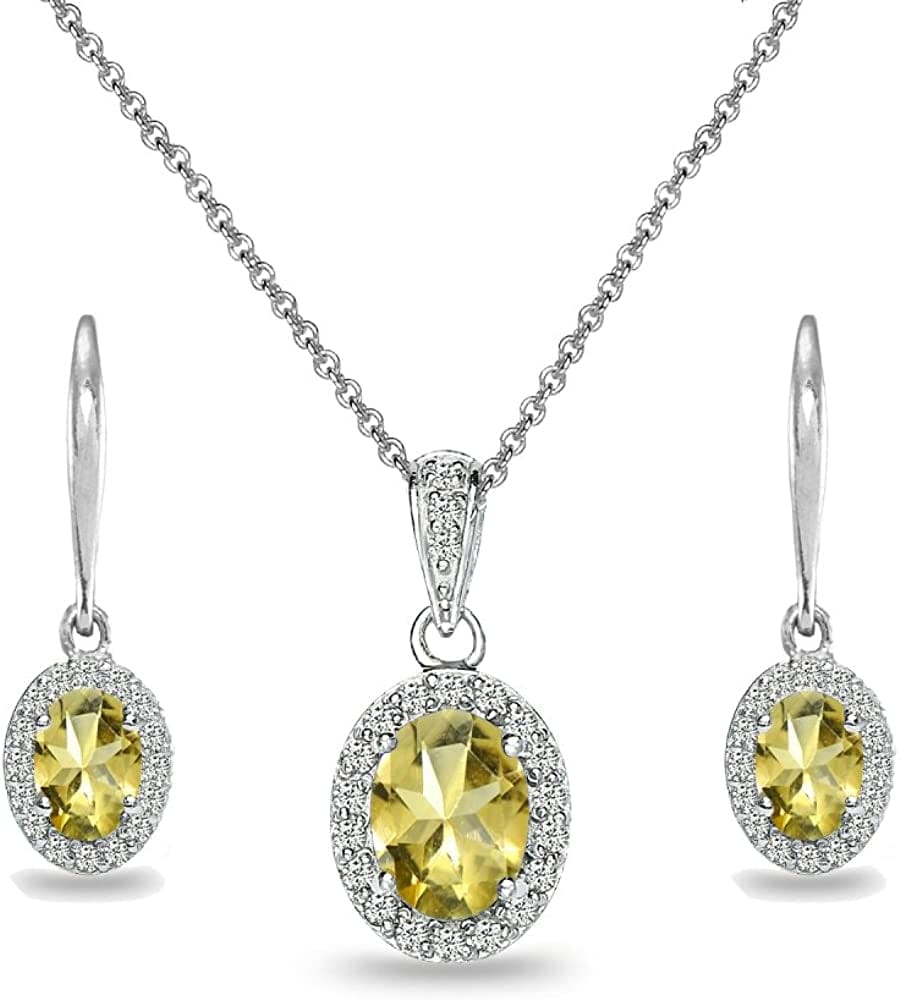 Sterling Silver Genuine, Created or Simulated Ovalgemstone Halo Dangle Earrings & Necklace Jewelry Set for Women Girls Bridemaids with Gift Box Citrine