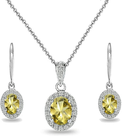 Sterling Silver Genuine, Created or Simulated Ovalgemstone Halo Dangle Earrings & Necklace Jewelry Set for Women Girls Bridemaids with Gift Box Citrine