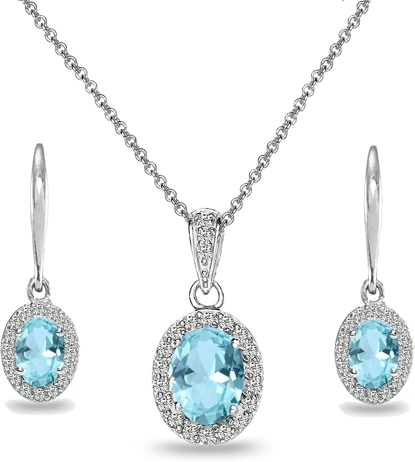 Sterling Silver Genuine, Created or Simulated Ovalgemstone Halo Dangle Earrings & Necklace Jewelry Set for Women Girls Bridemaids with Gift Box Simulated Paraiba