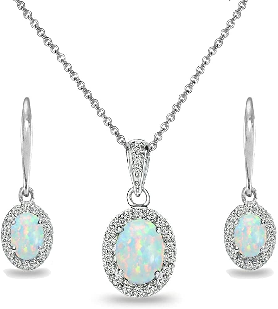 Sterling Silver Genuine, Created or Simulated Ovalgemstone Halo Dangle Earrings & Necklace Jewelry Set for Women Girls Bridemaids with Gift Box Synthetic White Opal