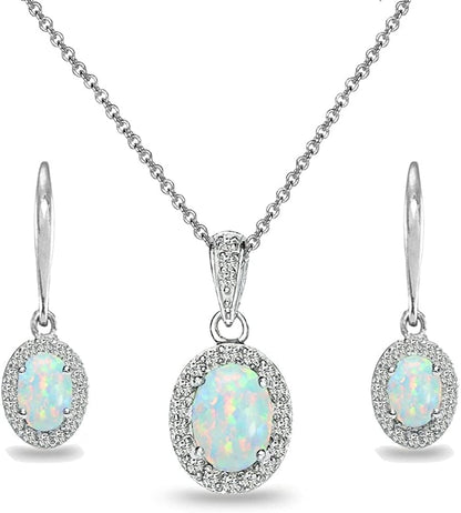 Sterling Silver Genuine, Created or Simulated Ovalgemstone Halo Dangle Earrings & Necklace Jewelry Set for Women Girls Bridemaids with Gift Box Synthetic White Opal