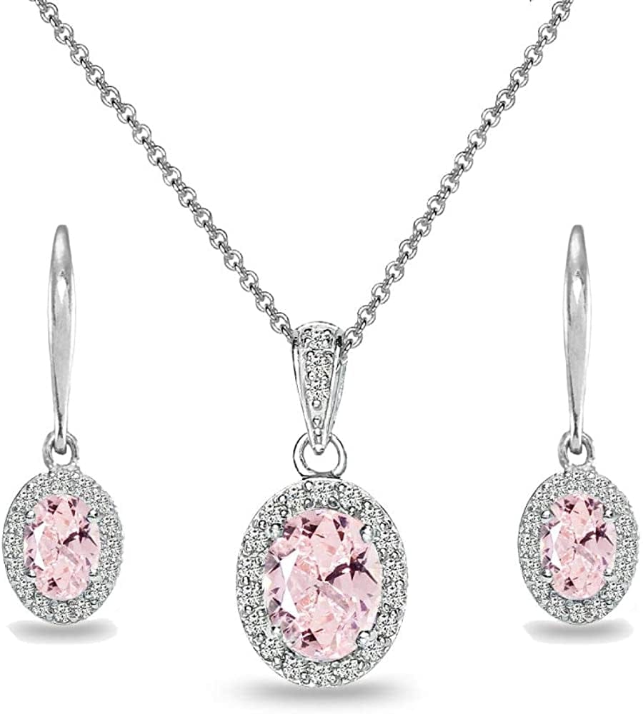 Sterling Silver Genuine, Created or Simulated Ovalgemstone Halo Dangle Earrings & Necklace Jewelry Set for Women Girls Bridemaids with Gift Box Simulated Morganite