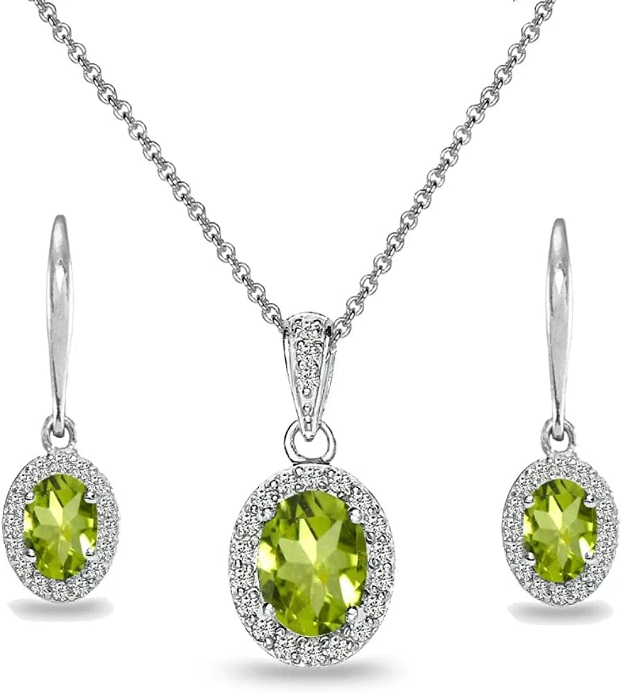Sterling Silver Genuine, Created or Simulated Ovalgemstone Halo Dangle Earrings & Necklace Jewelry Set for Women Girls Bridemaids with Gift Box Peridot