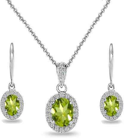 Sterling Silver Genuine, Created or Simulated Ovalgemstone Halo Dangle Earrings & Necklace Jewelry Set for Women Girls Bridemaids with Gift Box Peridot