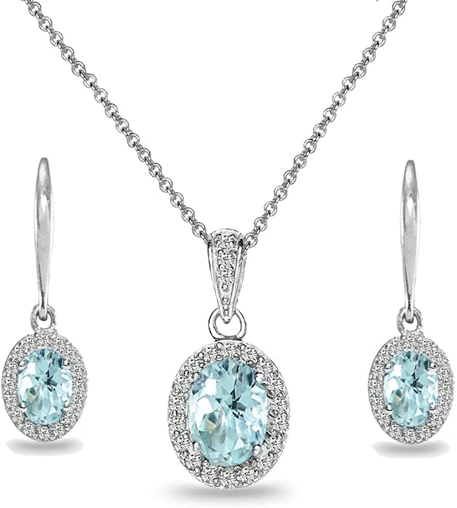 Sterling Silver Genuine, Created or Simulated Ovalgemstone Halo Dangle Earrings & Necklace Jewelry Set for Women Girls Bridemaids with Gift Box Blue Topaz