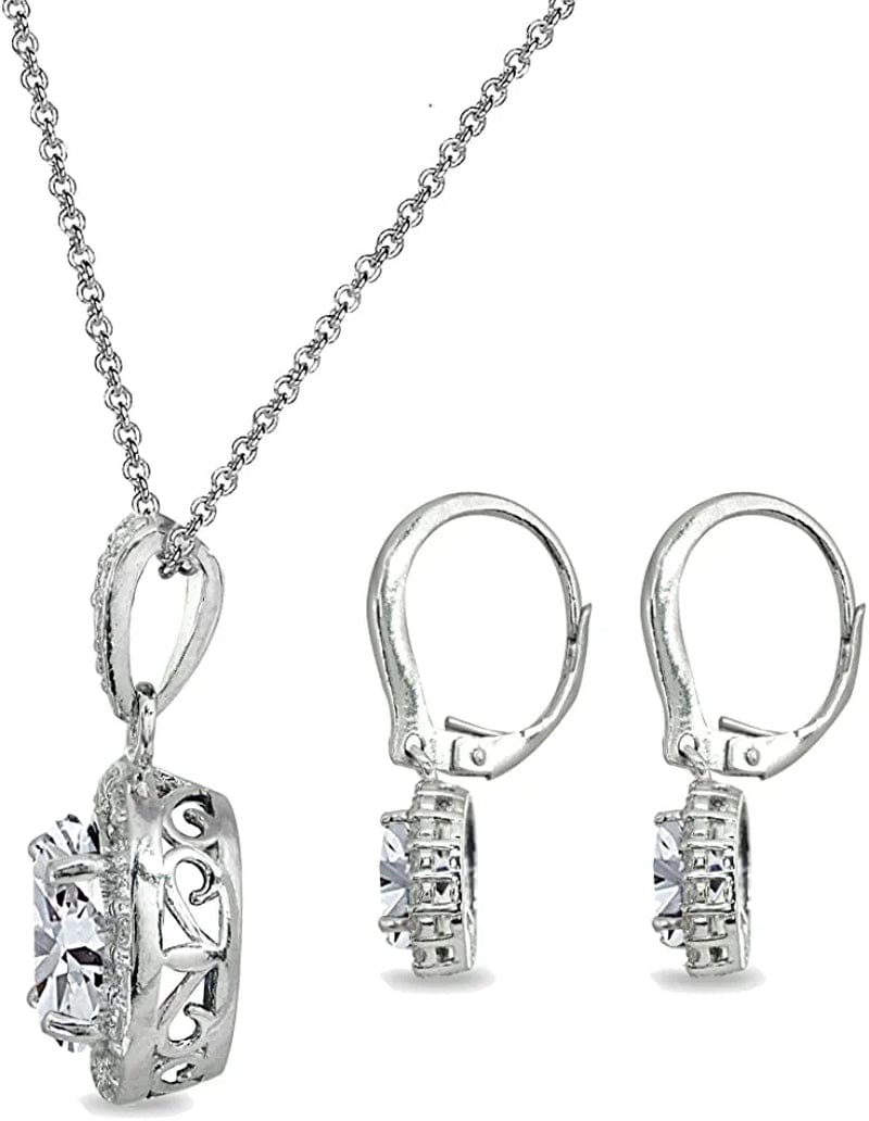 Sterling Silver Genuine, Created or Simulated Ovalgemstone Halo Dangle Earrings & Necklace Jewelry Set for Women Girls Bridemaids with Gift Box
