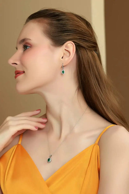 Sterling Silver Genuine, Created or Simulated Ovalgemstone Halo Dangle Earrings & Necklace Jewelry Set for Women Girls Bridemaids with Gift Box
