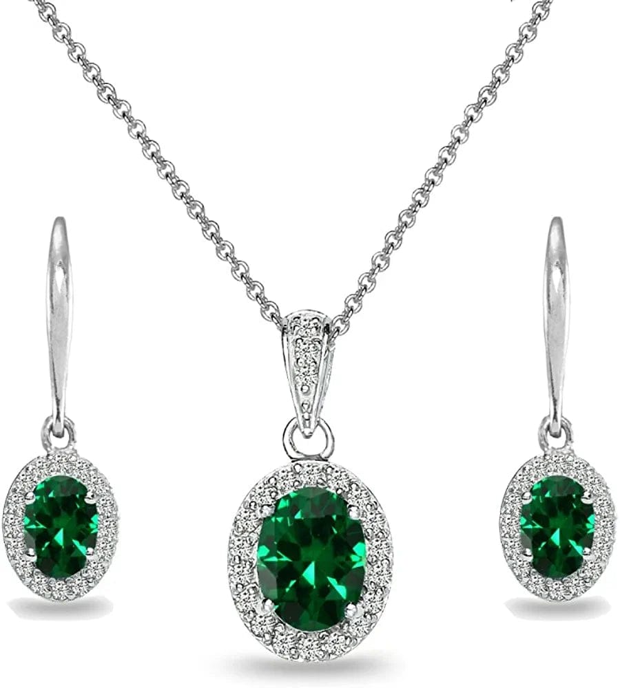 Sterling Silver Genuine, Created or Simulated Ovalgemstone Halo Dangle Earrings & Necklace Jewelry Set for Women Girls Bridemaids with Gift Box Simulated Emerald
