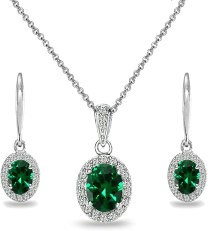 Sterling Silver Genuine, Created or Simulated Ovalgemstone Halo Dangle Earrings & Necklace Jewelry Set for Women Girls Bridemaids with Gift Box Simulated Emerald