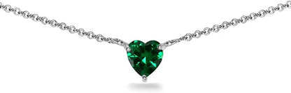 Sterling Silver Genuine or Synthetic Gemstone Dainty Heart Short Choker Necklace for Women Girls Synthetic Green Quartz - Sterling Silver